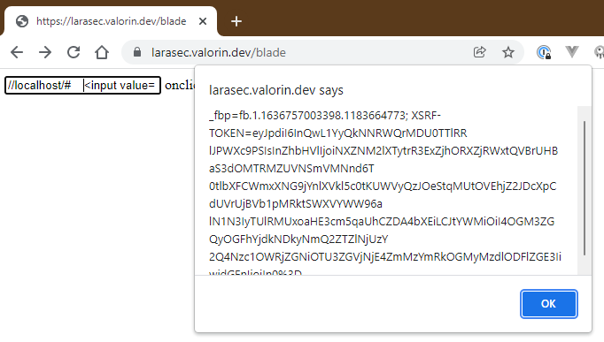 Screenshot of the XSS being exploited to show a javascript alert() with the user's cookies.