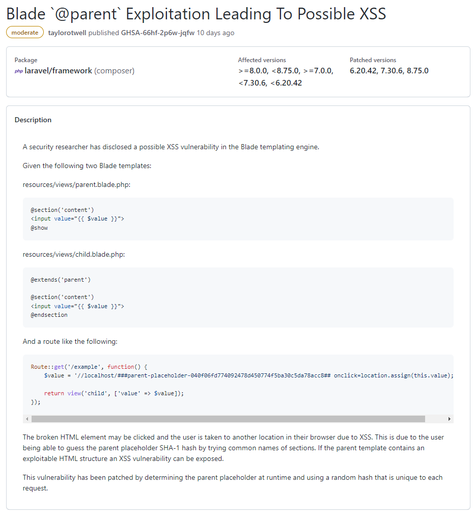 Screenshot of the GitHub Security Advisory, showing example code and a summary of the vulnerability.